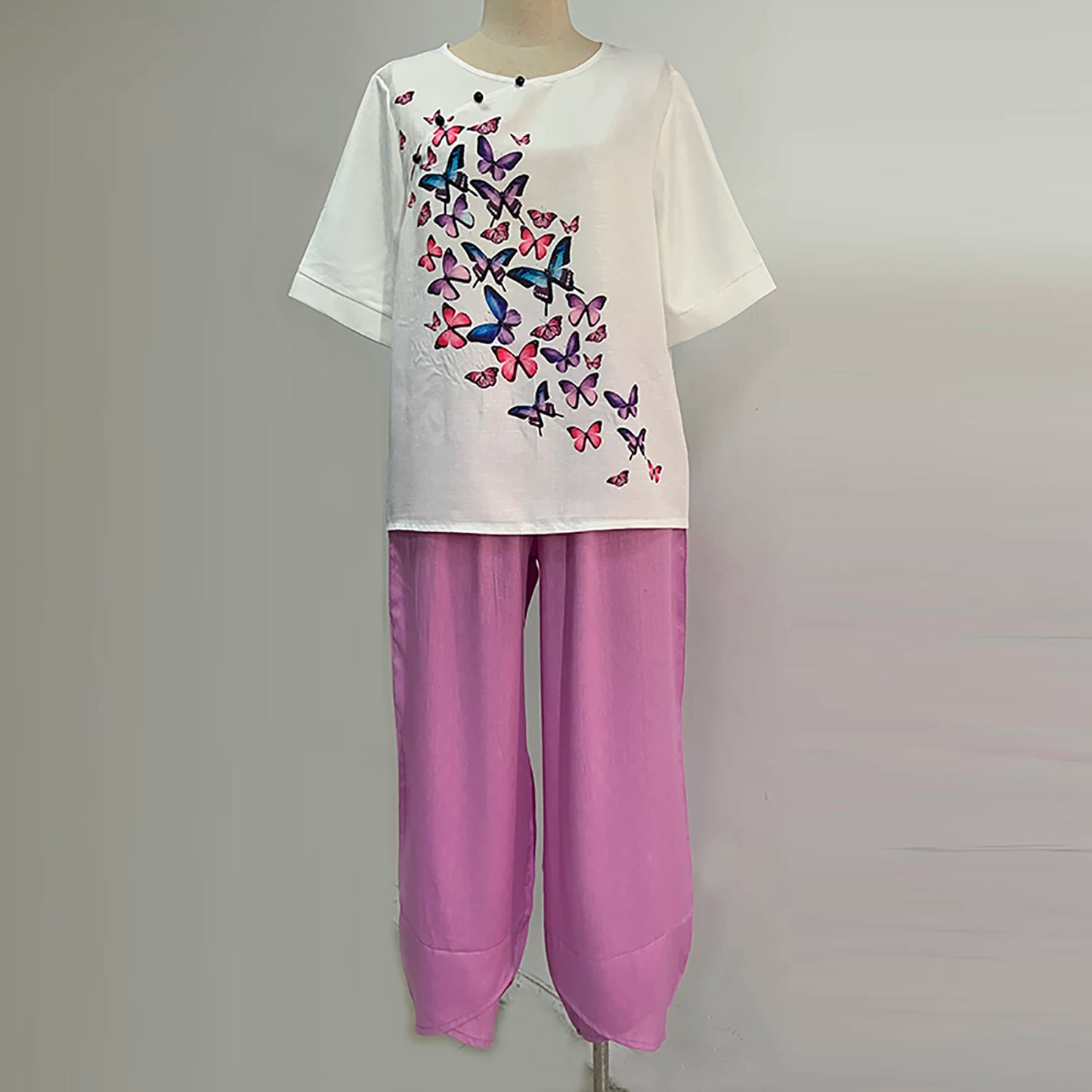 Elegant  Women Outfit Breathable Flower Pattern Blouse Trousers Half Sleeves Soft Blouse Pants Spring Clothes