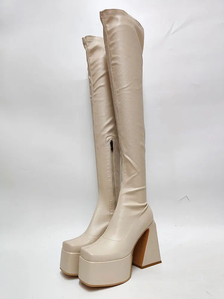 Ghete peste genunchi KarinLuna cu toc cu platformă - lungimea tijei deasupra genunchiului, înălțimea tocului 8 cm, mărime standard