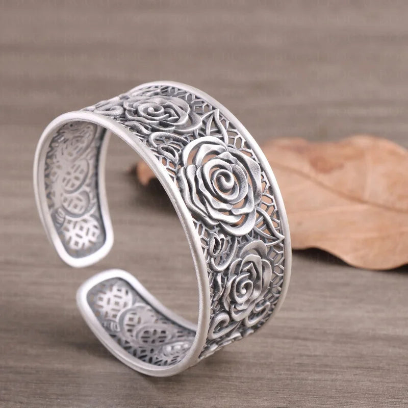Handcrafted s999 sterling silver rose filigree bangle wide bracelet unique artisan design