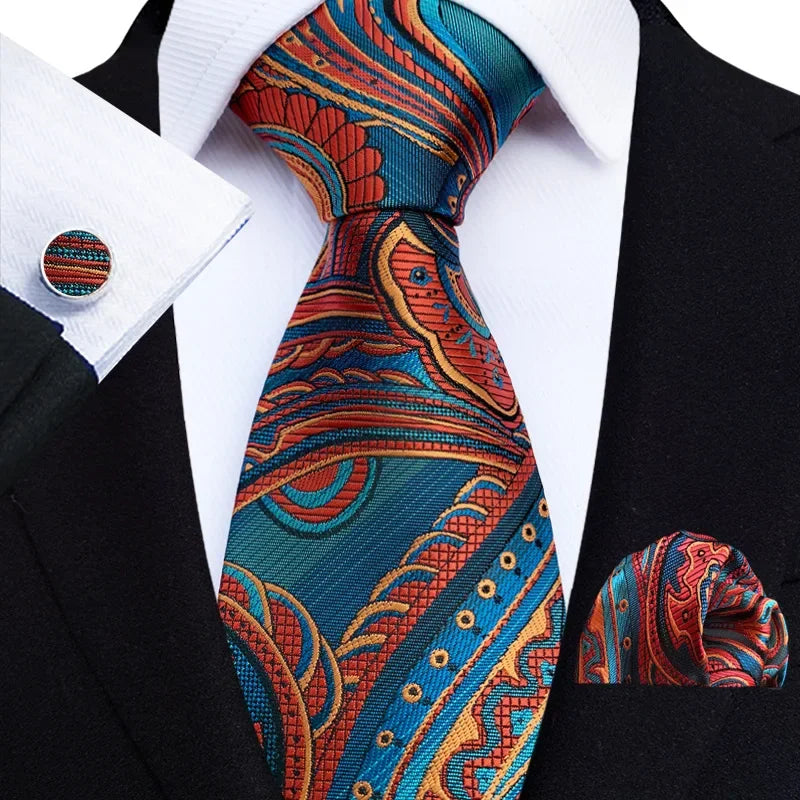 Luxury Mens Ties Floral Black Gold Ties Paisley Grid NeckTie Pocket Square Cufflinks Set Men's Wedding Party Tie