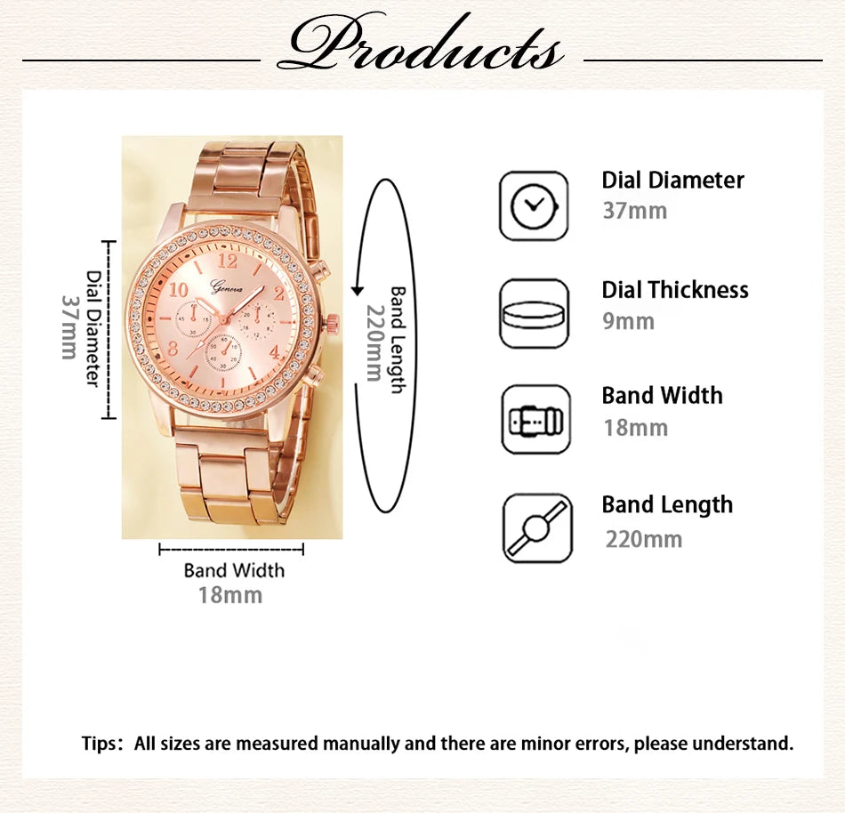 RoséLuxe 6er Set Roségold Schmuckuhr- Strass 38mm Edelstahl