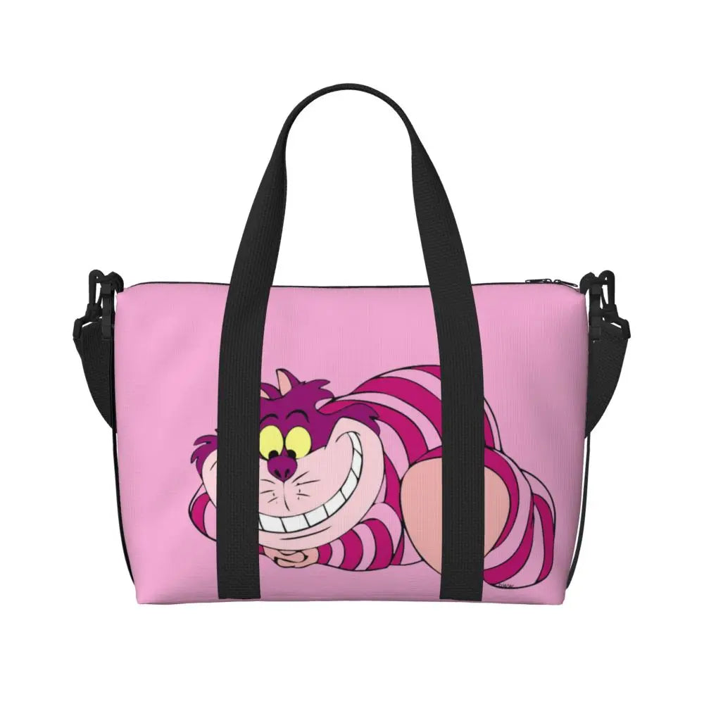 Custom Cheshire Cat Beach Tote Bag for Women We're All Mad Here Cat Big Compartment Gym Beach Travel Bags