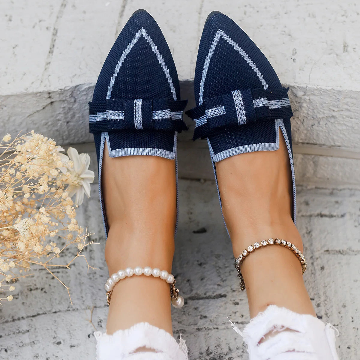 Women Flats 2024 New Knitted Slip Breathable Comfortable Solid Color Shoes Casual Pointed Toe Walking Loafers Sneakers Women