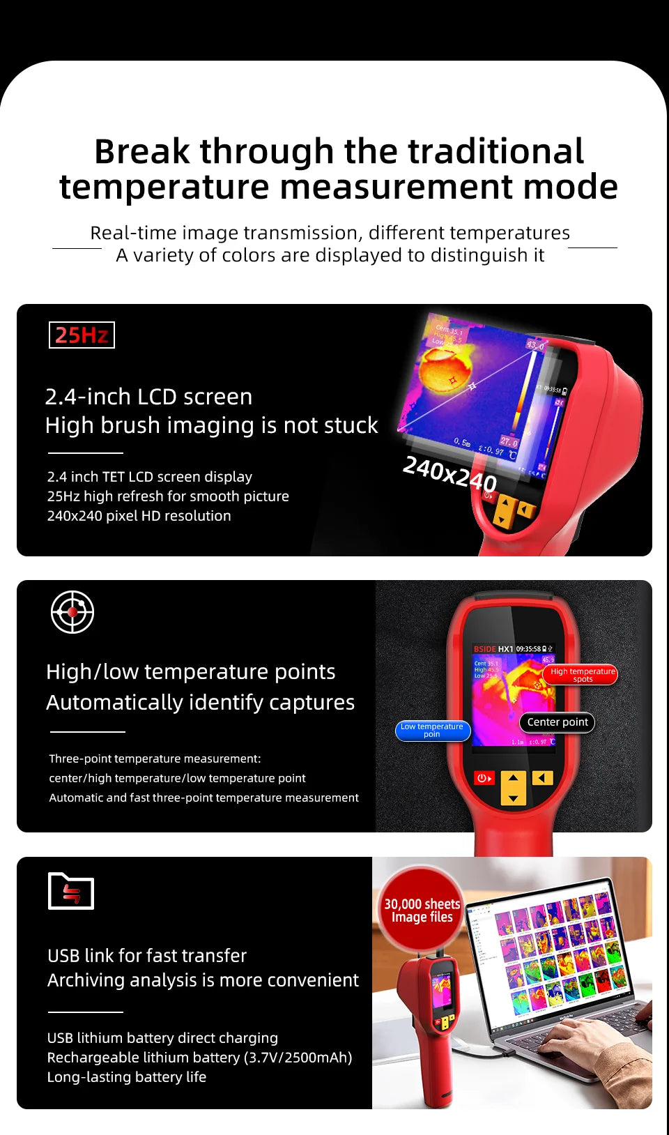 Cameră de termoviziune HX1 profesională, rezoluție 240×240 -20~550°C, cu software pentru PC