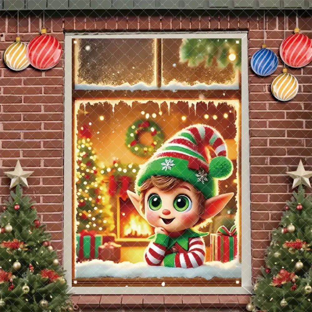 Merry Christmas Door Banner Santa Claus Window Hanging Christmas Tree Snowman Backdrop Cute Elf Room Supplies Party Decorations