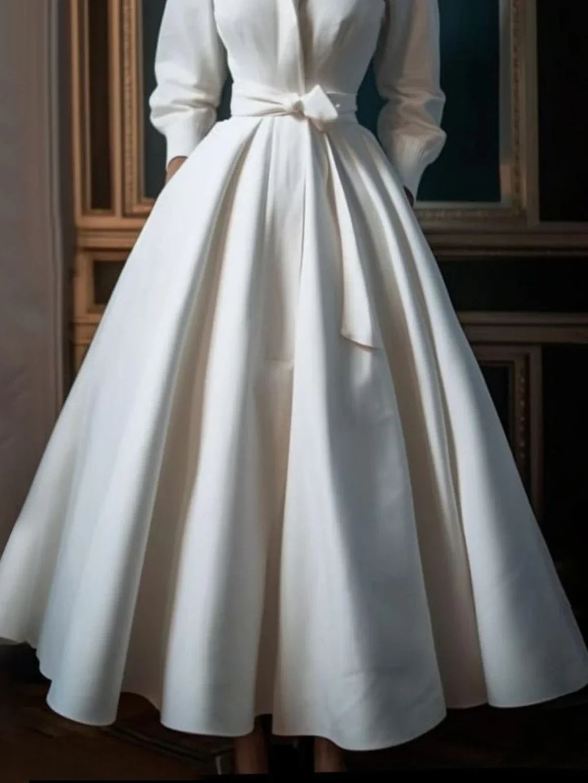 Elegant Women Shirt Dress Long Sleeve Stand Collar Minimalist A-Line Pleated Wedding Guest Long Maxi Dresses with Blet