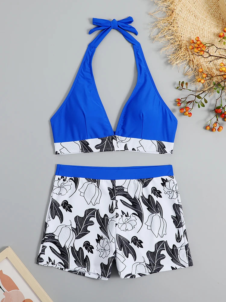 Halter Bikini Set High Waist Design Wire-Free Support Spandex Polyester Kurzer Schwimmanzug