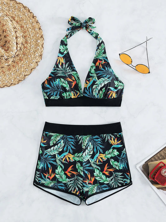 Halter Bikini Set High Waist Design Wire-Free Support Spandex Polyester Kurzer Schwimmanzug