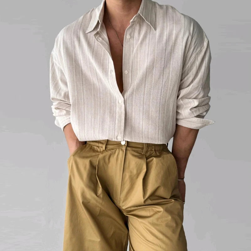 Cămașă cu dungi CN Guangdong, mânecă lungă, guler răsturnat - material de dimensiuni mari