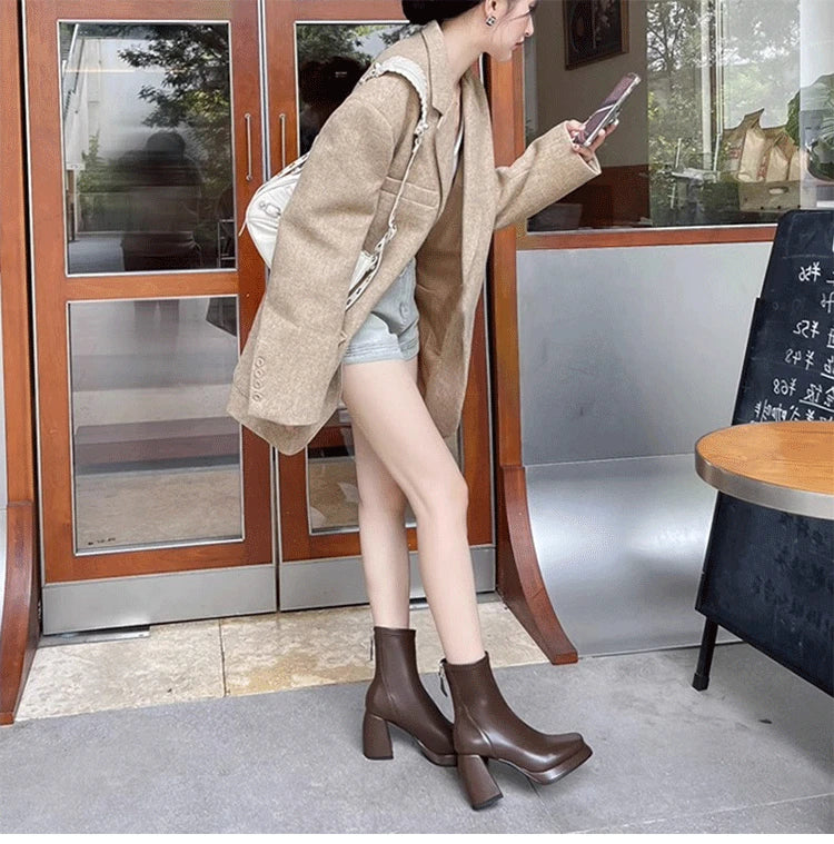 Ohmmayby Vintage Square Toe Damen Stiefeletten Mit Reißverschluss Hinten - Größe EU 37-41, Absatzhöhe 5-8 cm, Knöchelhöhe