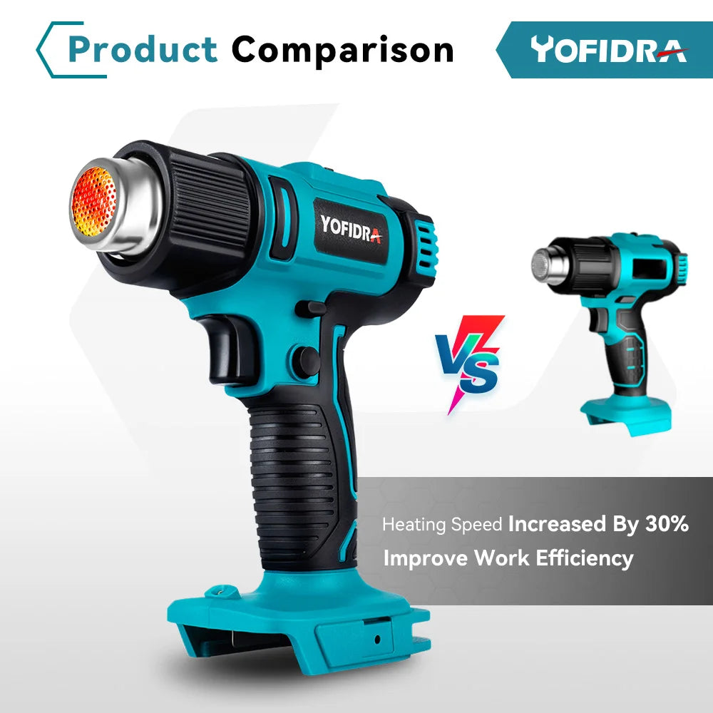 Yofidra 2500W Electric Hot Air Gun - 6 Gears Adjustable LED Temperature Display Soldering Thermal Blower For 21V 18V Battery