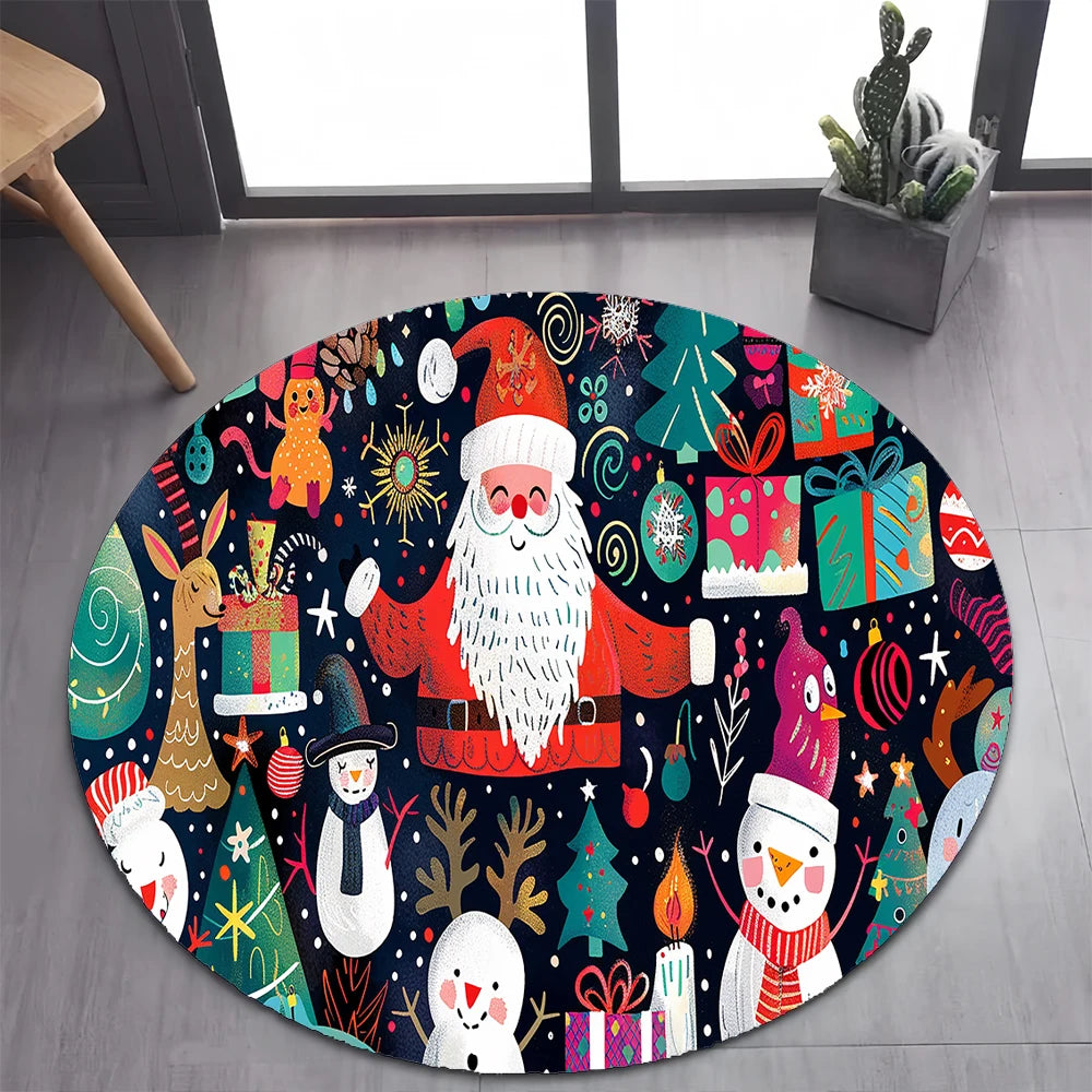 Cute Santa Claus Merry Christmas Tree Cartoon Festival Gift Round Carpet Rug for Bedroom Living Room Decoration,Decor Floor Mat