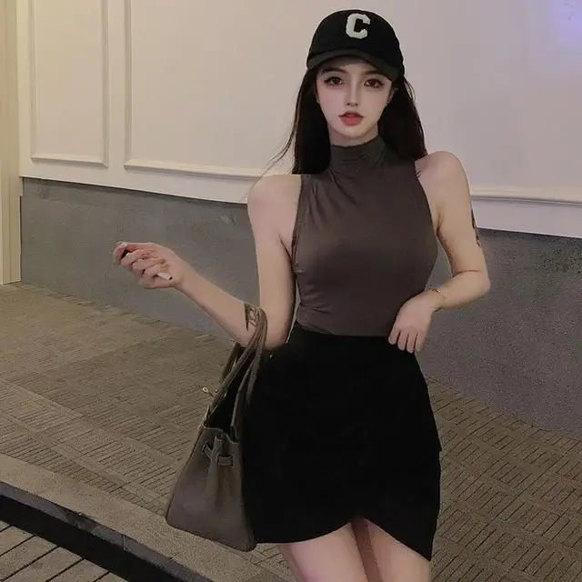 Sexy Tank Top Solid Halter Crop Tops Women Summer Camis Turtleneck Camisole Fashion Casual Tube Female Sleeveless Cropped Vest