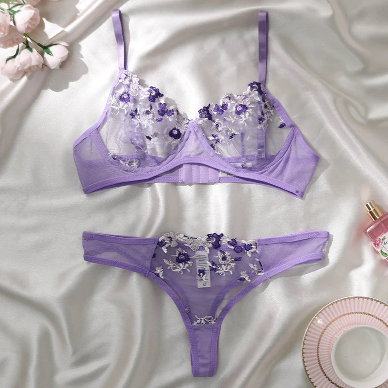 Women Lace Lingerie Push Up Bra And Panty Sets Flower Embroidery Bralette Set