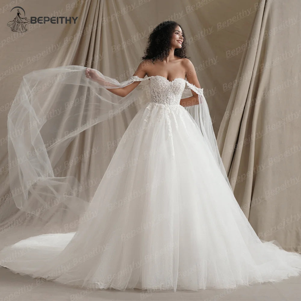 BEPEITHY Customized V-Hals Cap-Sleeves Prinzessin Hochzeitskleider Für Frauen 2025 Frühling Spitze Boho Brautkleid