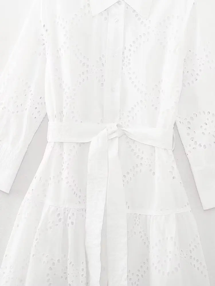 Elegant Embroidered White Dress Women Chic Lapel Long Sleeve High Waist Lace Up Maxi Dresses Fashion Female Hollow Out Vestidos