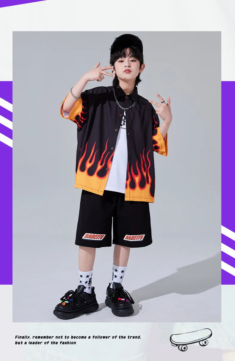 Jungen-Streetwear-Set 2025: Hip-Hop Flame-Design - Urban Dance Collection