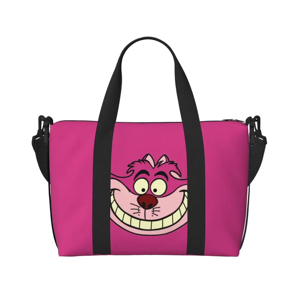 Custom Cheshire Cat Beach Tote Bag for Women We're All Mad Here Cat Big Compartment Gym Beach Travel Bags