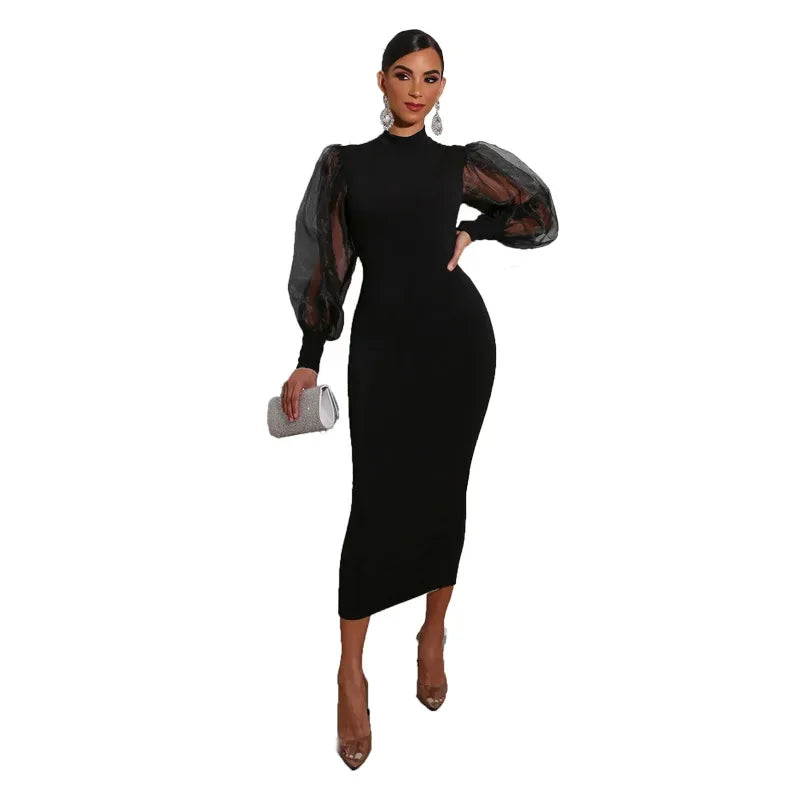 Elegant Spring Summer Dress for Women Long Sleeve Evening Gown Women Clothing Temperament Half High Collar Bodycon Dress Vestido