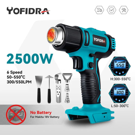 Yofidra 2500W Electric Hot Air Gun - 6 Gears Adjustable LED Temperature Display Soldering Thermal Blower For 21V 18V Battery