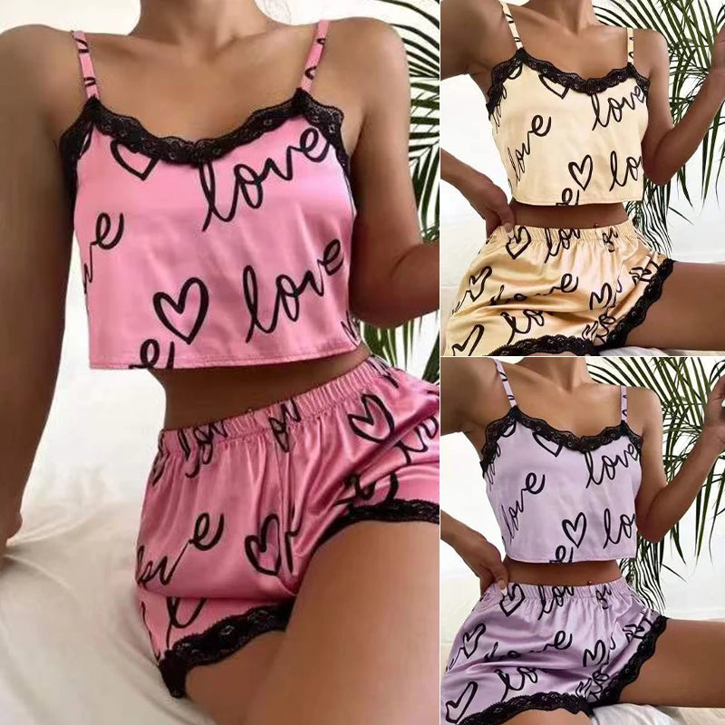 Damen Pyjama Set 2025 - 2-teiliges Schlafanzug Set mit Print & Shorts