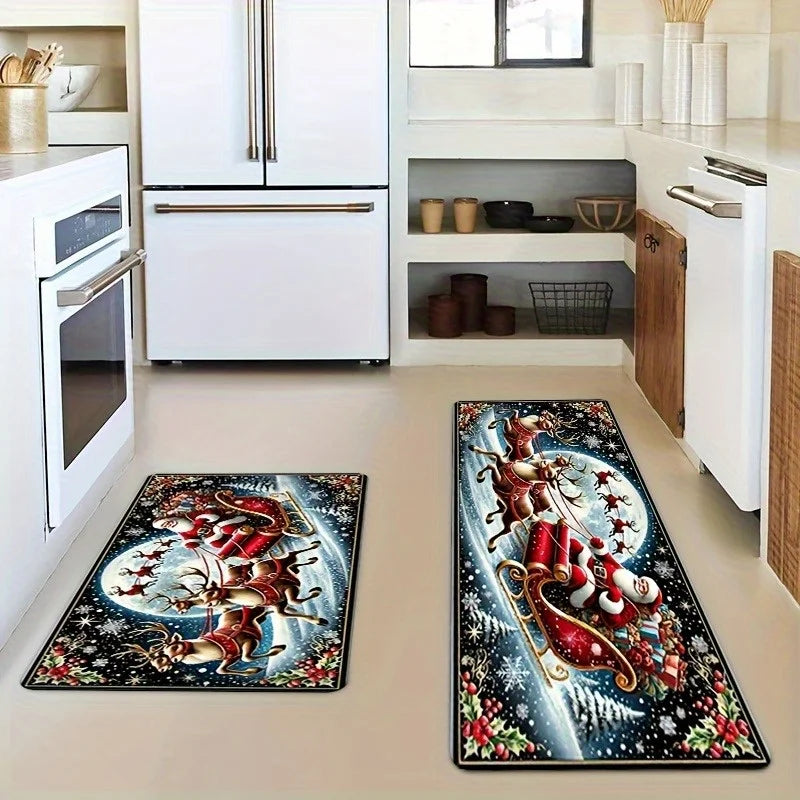 1PC Christmas Decorations Santa Claus and Reindeer Mat Mat Suitable for Home Entrance, Kitchen, Living Room, Bedroom