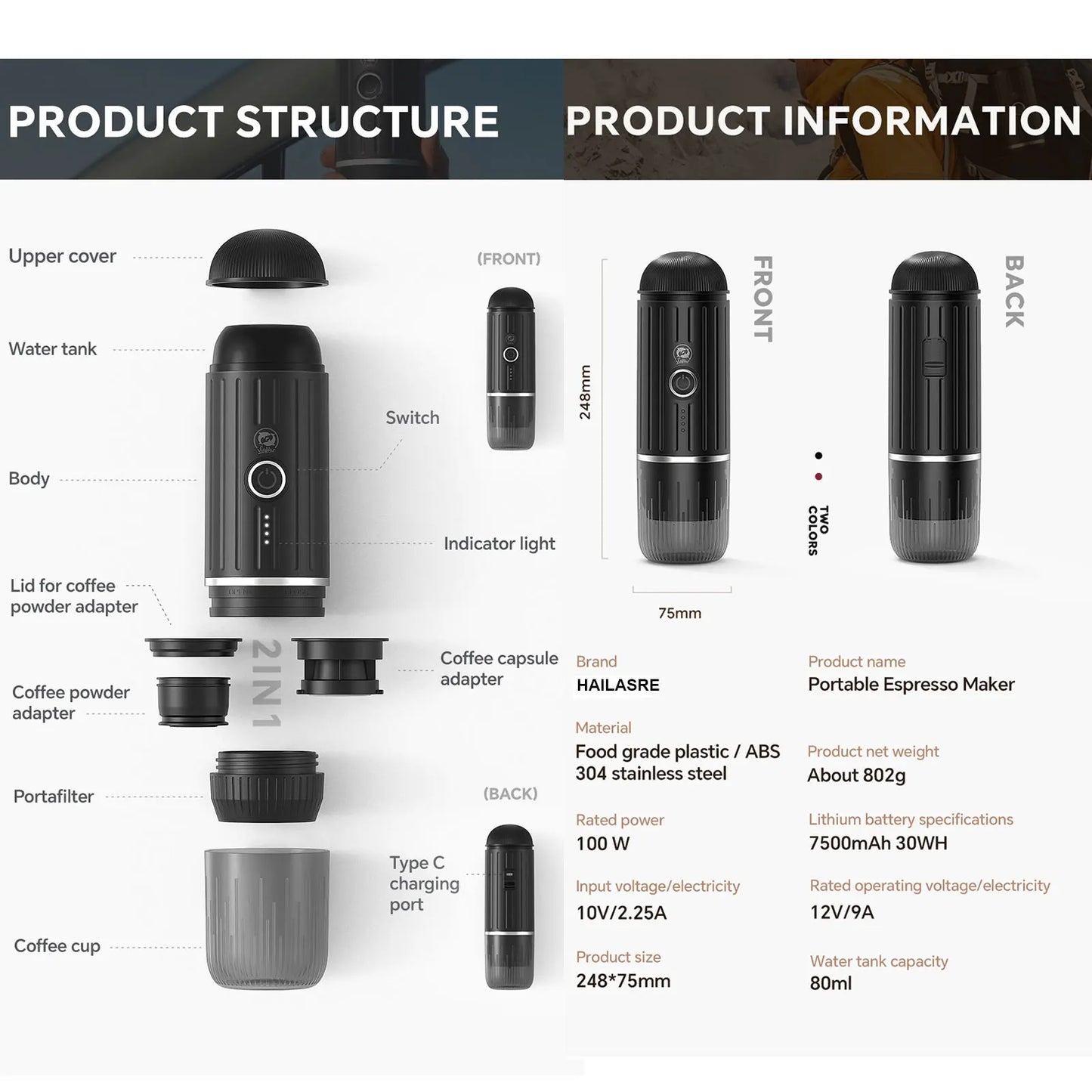 icafilas Portable Kaffeemaschine - Heizbar für Kapseln & Pulver, Travel Espresso Maker mit Tasche