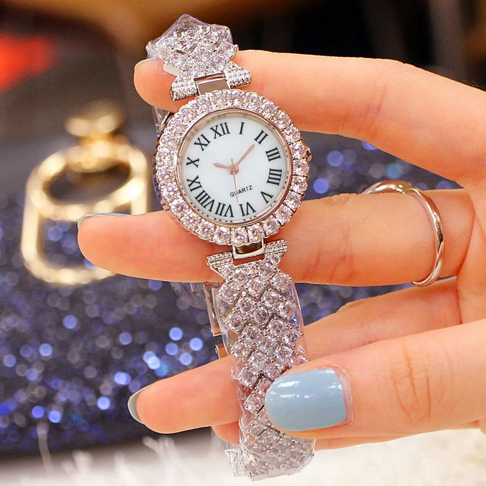 Luxus Damen Glänzende Armbanduhren 2-teiliges Set - Roségold Uhr Mode Damen Elegante Quarz Diamant Armbanduhr