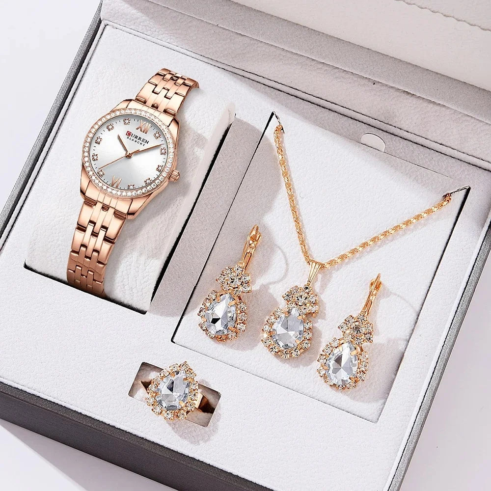 CURREN Luxus Uhr Damen Ring Halskette Ohrringe - Strass Mode Armbanduhr Weiblich Casual Damen Uhren Armband 5-teiliges Set