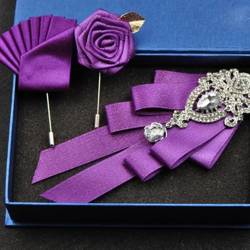 Fashion Handmade Bow Tie Wedding Collar Luxury Rhinestone Bowtie Necktie Brooch Pocket Towel Square Set Gift for Men Accessories