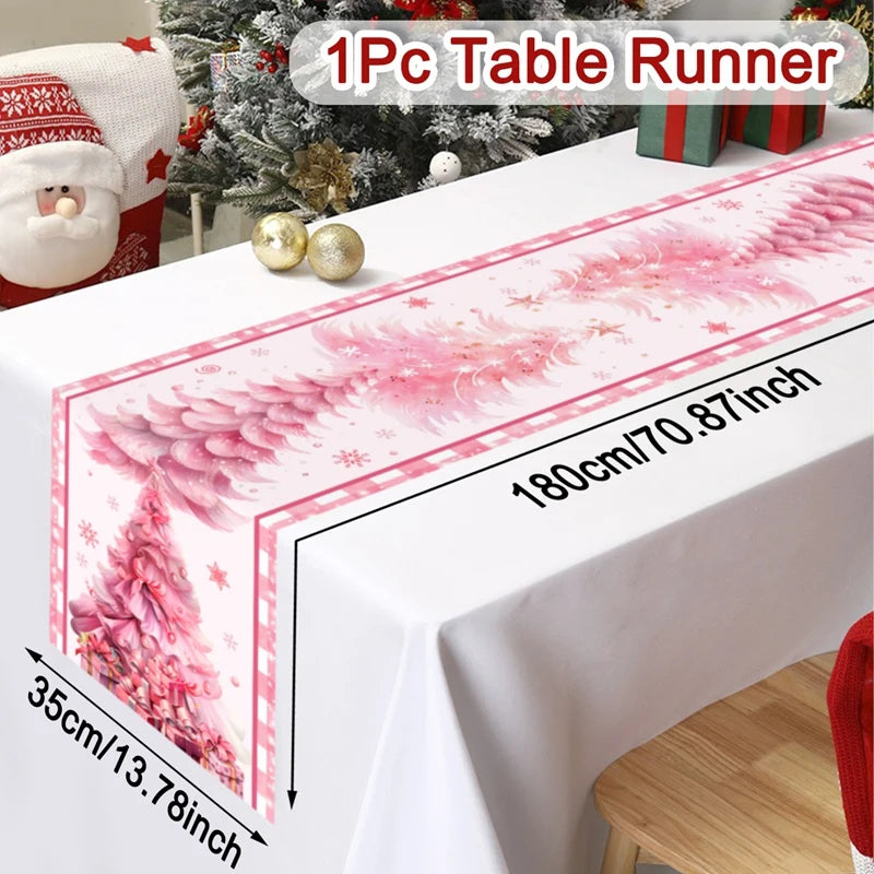 Pink Christmas Table Runner Snowman Santa Claus Merry Christmas Decorations For Home 2025 Navidad Noel Gift New year Tablecloth
