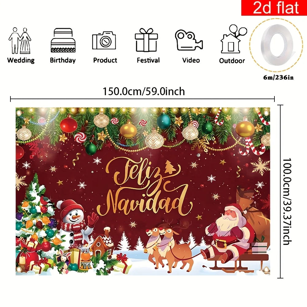 2D flat banner, 1pc, Christmas decoration banner, polyester, Spanish snow Santa Claus elk snowman pattern