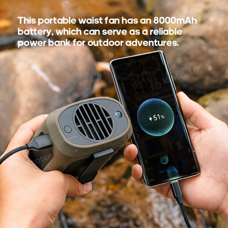 KINSCOTER Tragbarer Outdoor Hüft-Ventilator - 8000mAh LED Beleuchtung Multifunktional Nacken-Ventilator Power Bank