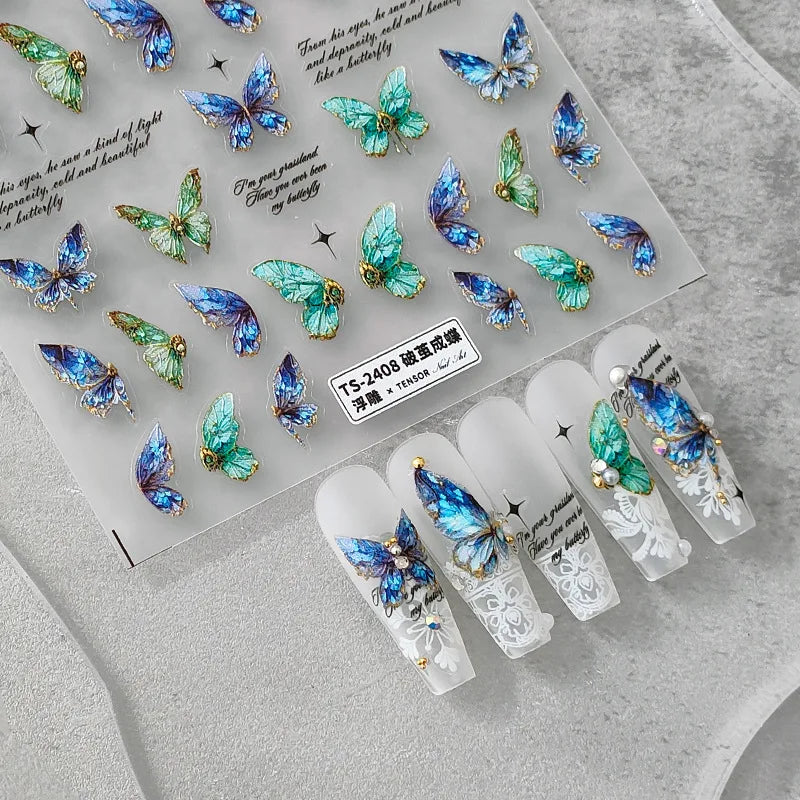 Pink Purple Aurora Shell Butterfly Nail Stickers Shiny Laser 3D Butterflies Nail Decals 8*10cm Adhesive Aurora Shell Butterfly N