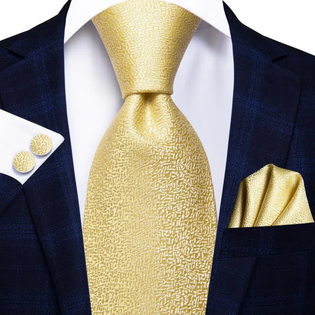 Hi-Tie Seiden-Herren-Krawatten-Set Blumenmuster Gelb Gold Krawatten und Taschentücher Manschettenknöpfe-Set Herren-Hochzeits-Party-Anzug-Mode-Halskrawatte C-3053