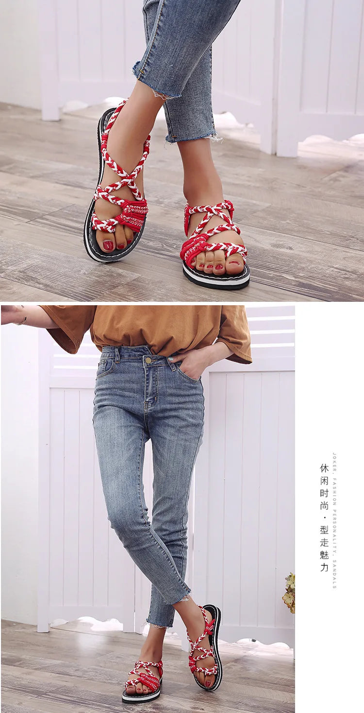 Women Summer Flip Flop Sandals Shoes Mixed Color Matching Rope Knot Beach Toe Roman Sandals Casual Comfortable Plus Size Shoes