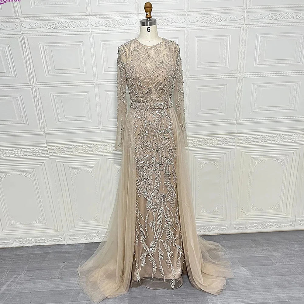 Elegant Evening Dress for Women 2025 Muslim Long Sleeves Mermaid Detachable Train Beads Formal Prom Wedding Party Gown Customizd