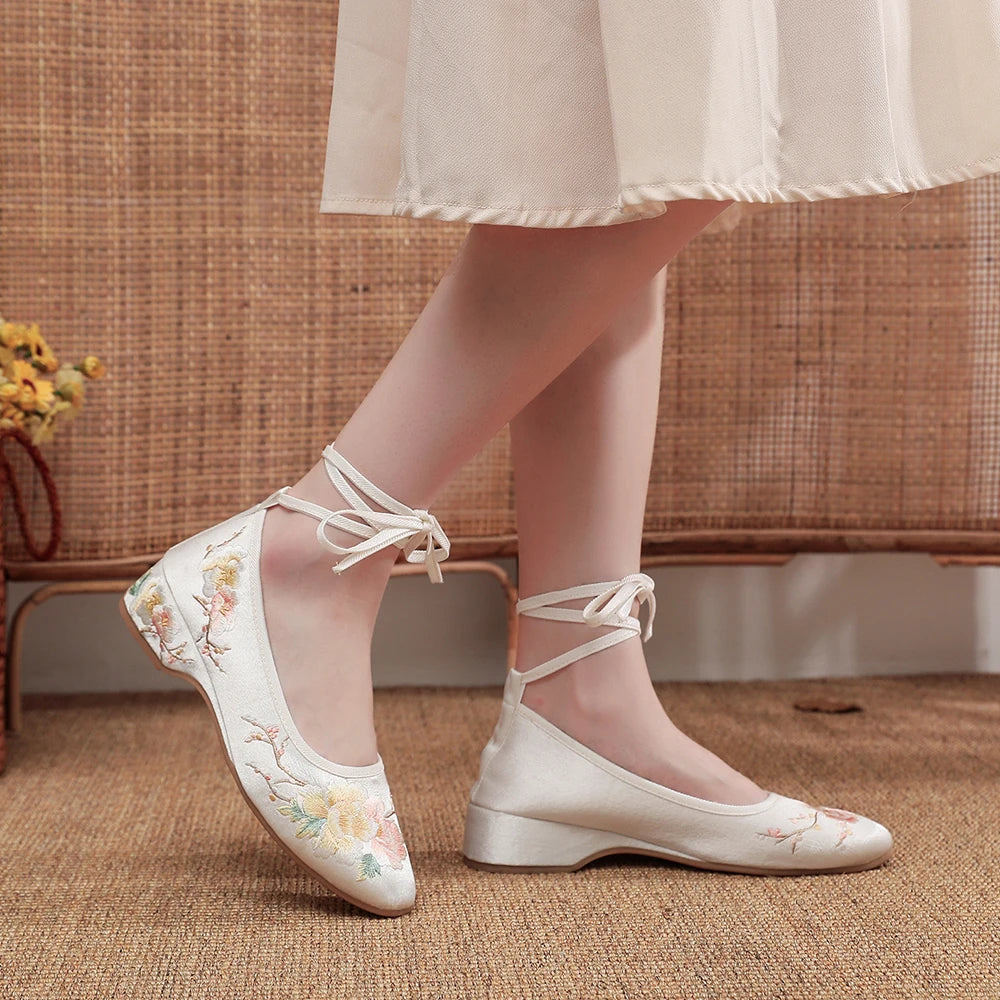 Ballerinas 2025: Veowalk Long Ankle Strap Summer Women Gauze Mesh - Embroidered Ballet Flats Breathable Comfortable Walking Shoes Elegant Lady Collection