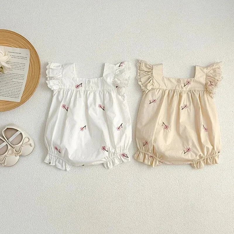 New Summer Collection: Newborn Girls' Lace Flutter Sleeve Embroidered Floral Cotton Jumpsuits, Adorable Infant Bodysuits