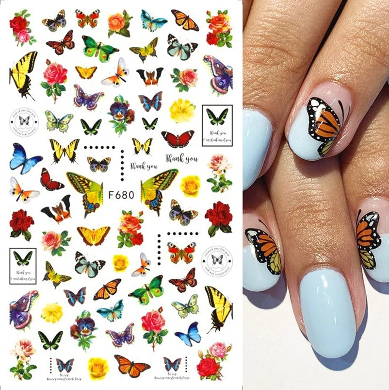New Spring Fresh Flowers Butterfly 3D Nail Stickers Colorful Laser Butterflies Geometric Pattern Stickers Nail Decoration 1PCS