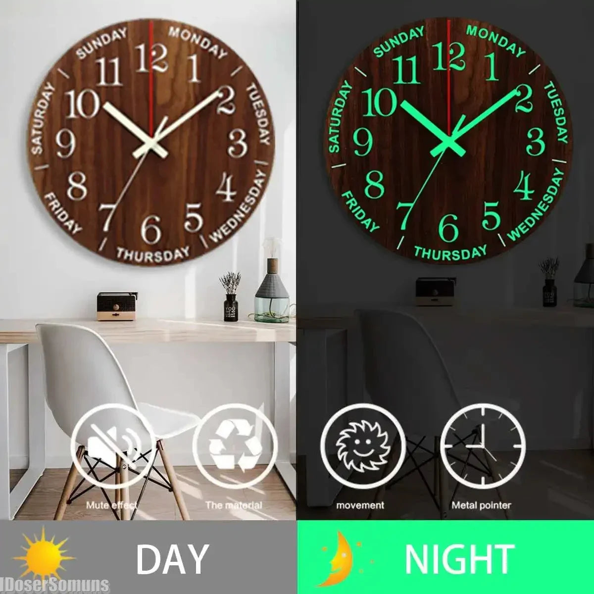 Nordic 12 Inch Luminous Wall Clock Wood Silent Light in Dark Night Fashion Wall Clock Non Ticking Clock with Night Light