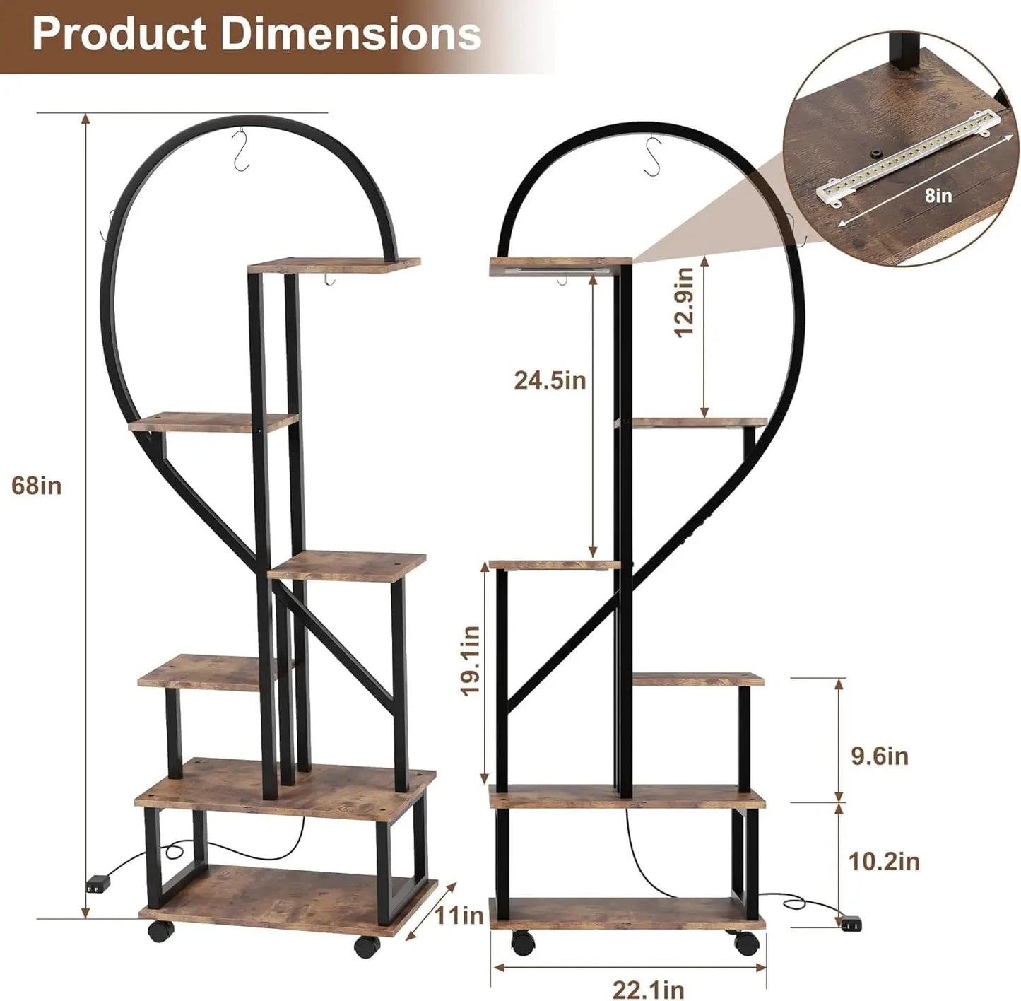 2 Stück Pflanzenständer mit Wachstumslicht/Rollrädern, Pflanzenständer für den Innenbereich, 6 Etagen, 175 cm hoch, großes Pflanzenregal für drinnen und draußen by Golden Bridge Store