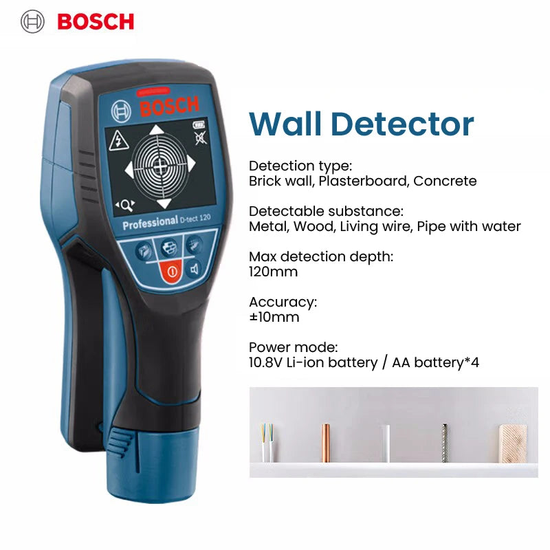 BOSCH D-TECT 120 Metalldetektor 2025 - Professional Digital Wandscanner - Balkenfinder Kabel Wasserrohr Holz Metall