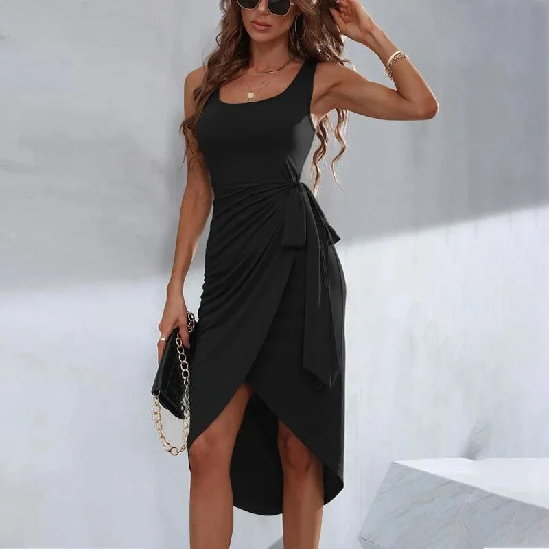 Elegant Office Lady Sundress for Women Black Lace Up Dress Spring Summer Irregular Strap Vest Dress Split Square Collar Outfit