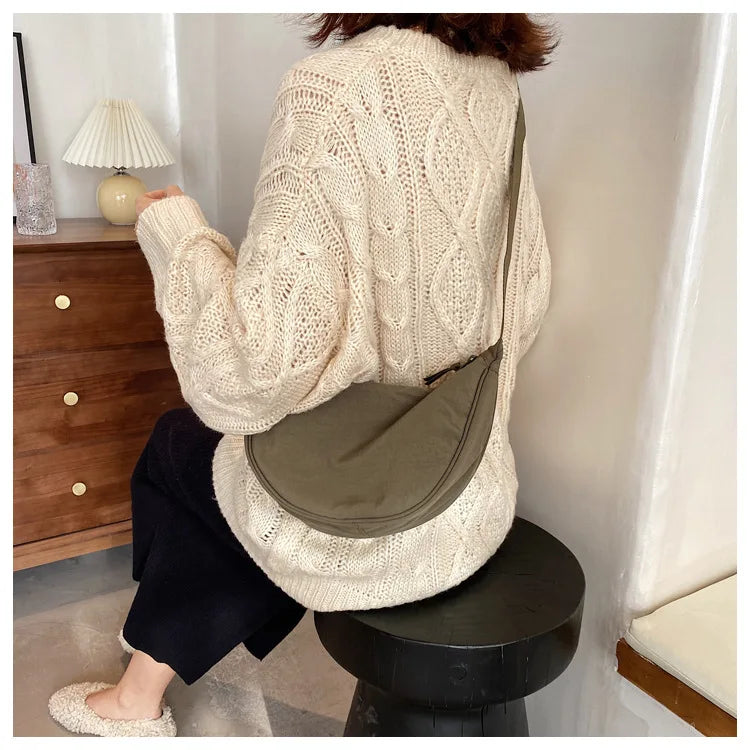 Solid Color Women's Portable Shoulder Bag Simple Female Nylon Cloth Padded Crossbody Bags Travel Purse Handbags Messenger Bag