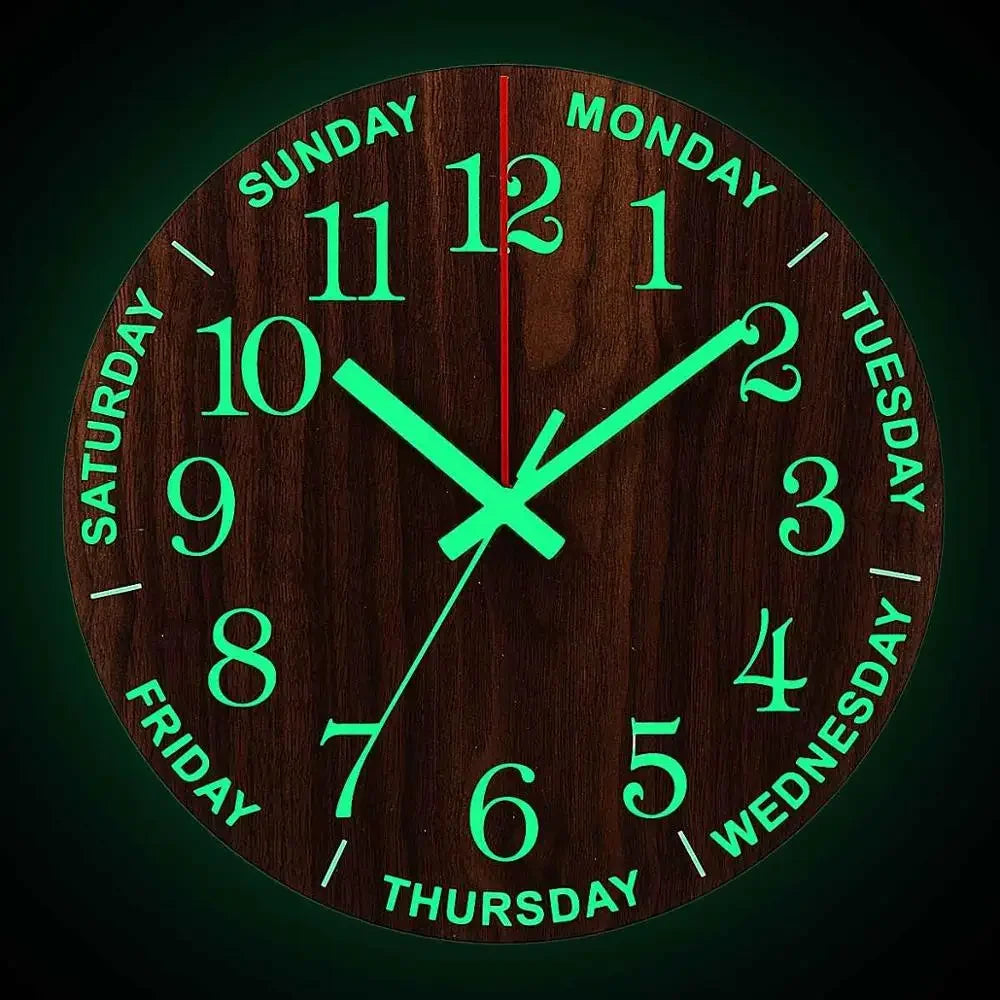 Nordic 12 Inch Luminous Wall Clock Wood Silent Light in Dark Night Fashion Wall Clock Non Ticking Clock with Night Light