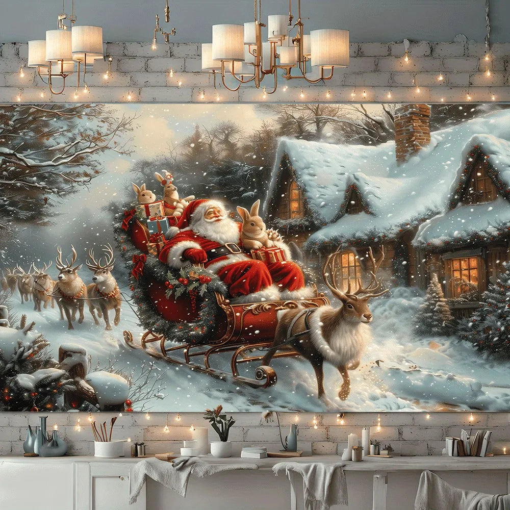 1pcs Santa Claus Sleigh Tapestry for Snow Town Scenery Wall Hanging in Living Room and Bedroom Holiday Party Decoration