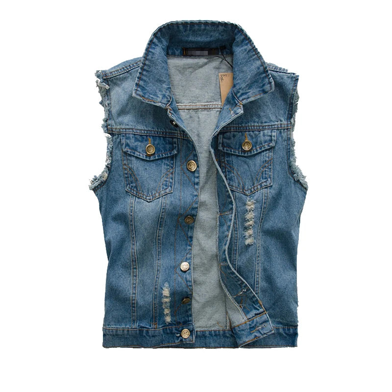 Men's Denim Vest Sleeveless Jackets Cotton Retro Streetwear Ripped Blue Jean Vests Fashion Hip Hop Waistcoat Men Clothing