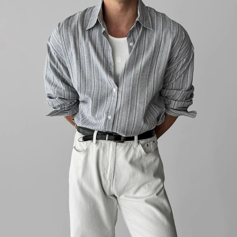 Cămașă cu dungi CN Guangdong, mânecă lungă, guler răsturnat - material de dimensiuni mari