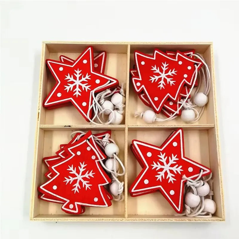 Neue 12 teile/satz Weihnachten Dekoration Reinem Holz Anhänger Elch Glocke Schneeflocke Sterne Holz Anhänger Weihnachten Baum Anhänger Dekor Liefert